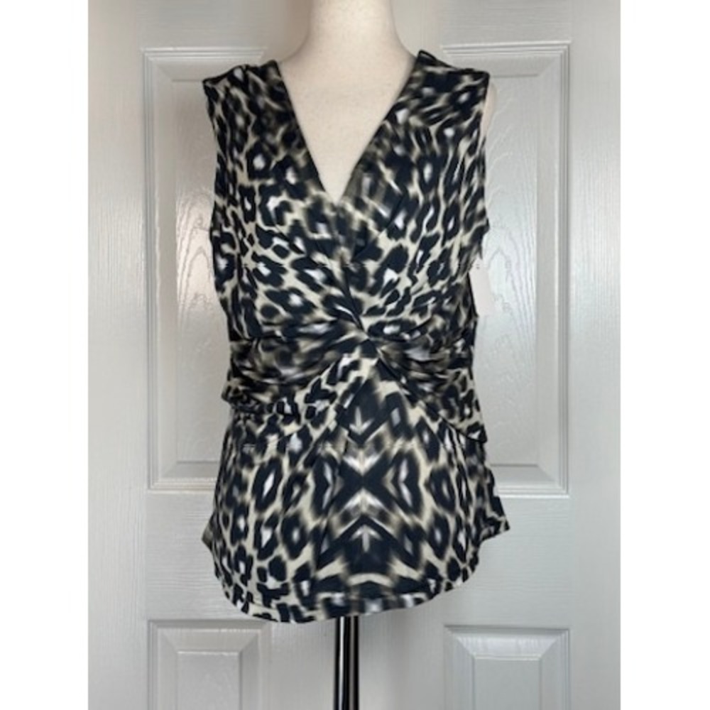 Escada Animal Print Blure Top Twisted Waist V-Neck Sleeveless Blouse Large